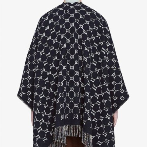 Gucci Poncho GG Logo Reversible Fringed 100% Wool - Picture 3 of 16